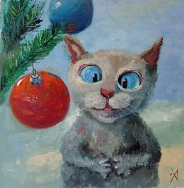 「Ёлочный шарик и кот」というタイトルの絵画 Yuliya Hmelevaによって, オリジナルのアートワーク, オイル