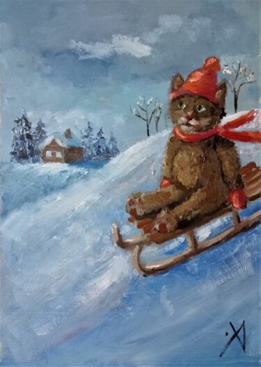 Картина под названием "Кот на санках" - Yuliya Hmeleva, Подлинное произведение искусства, Масло