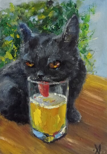 Картина под названием "Кот и пиво" - Yuliya Hmeleva, Подлинное произведение искусства, Масло