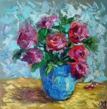 Pittura intitolato "Розы в синей вазе" da Yuliya Hmeleva, Opera d'arte originale, Olio