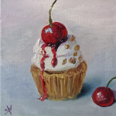 Картина под названием "Пирожное с вишней" - Yuliya Hmeleva, Подлинное произведение искусства, Масло