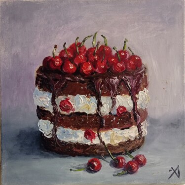 Картина под названием "Торт с вишней" - Yuliya Hmeleva, Подлинное произведение искусства, Масло