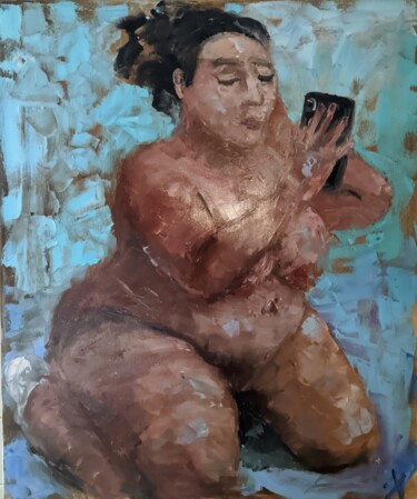 Картина под названием "Девушка с телефоном" - Yuliya Hmeleva, Подлинное произведение искусства, Масло