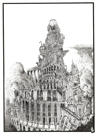Drawing titled "Tour de babel" by Mathieu Doré, Original Artwork, Ink