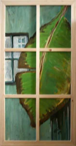 Painting titled "windowwithbananalea…" by Mat Van Dillen, Original Artwork
