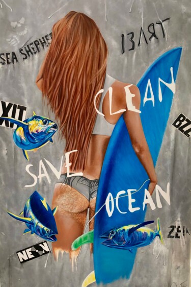 Painting titled "Save the océan" by Mate13, Original Artwork, Acrylic Mounted on Wood Stretcher frame