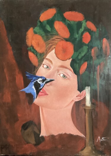 Картина под названием "La femme et l’oisea…" - Mate13, Подлинное произведение искусства, Акрил Установлен на Деревянная рама…