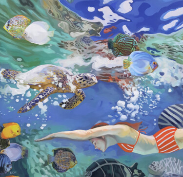 Painting titled "underwater world" by Gabriel Cristian Matei, Original Artwork, Oil Mounted on Wood Stretcher frame