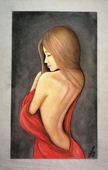 Painting titled "Woman in red - orig…" by Mateja Marinko, Original Artwork, Pastel