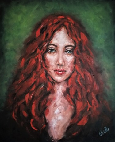 Painting titled "Red hair woman - or…" by Mateja Marinko, Original Artwork, Oil