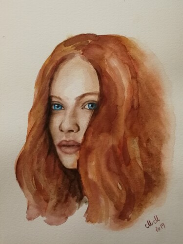 Malarstwo zatytułowany „Red hair girl - ori…” autorstwa Mateja Marinko, Oryginalna praca, Akwarela