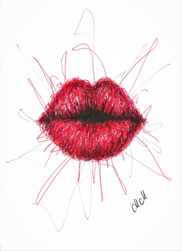 Картина под названием "red lips - funky ki…" - Mateja Marinko, Подлинное произведение искусства, Чернила