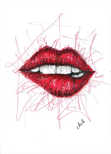 Schilderij getiteld "red lips drawing -…" door Mateja Marinko, Origineel Kunstwerk, Inkt