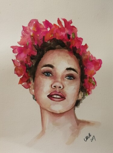 Pintura titulada "Girl with flowers" por Mateja Marinko, Obra de arte original, Acuarela