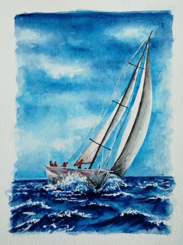 Pittura intitolato "The sailboat" da Mateja Marinko, Opera d'arte originale, Acquarello