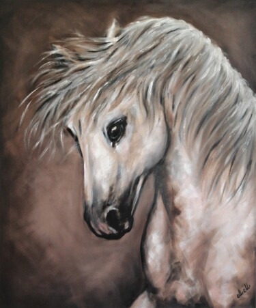 Schilderij getiteld "White horse - origi…" door Mateja Marinko, Origineel Kunstwerk, Olie