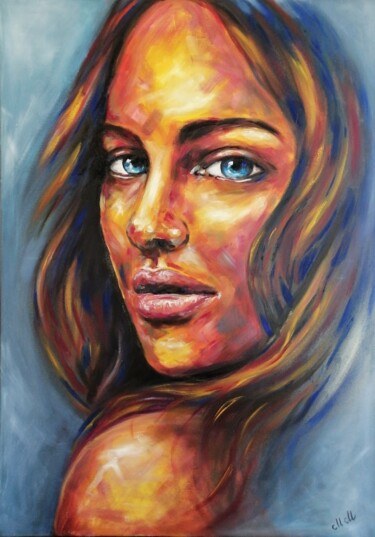 Schilderij getiteld "Blue eyes - colorfu…" door Mateja Marinko, Origineel Kunstwerk, Olie