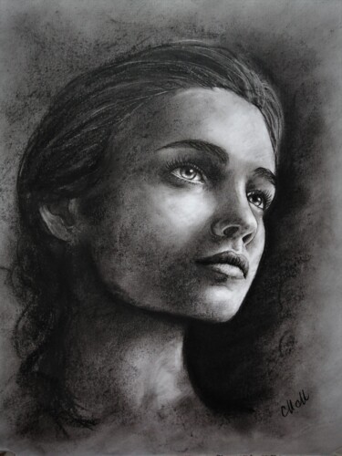 Рисунок под названием "Black and white gir…" - Mateja Marinko, Подлинное произведение искусства, Древесный уголь