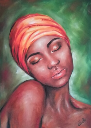 Malerei mit dem Titel "Eyes closed - Afro…" von Mateja Marinko, Original-Kunstwerk, Öl