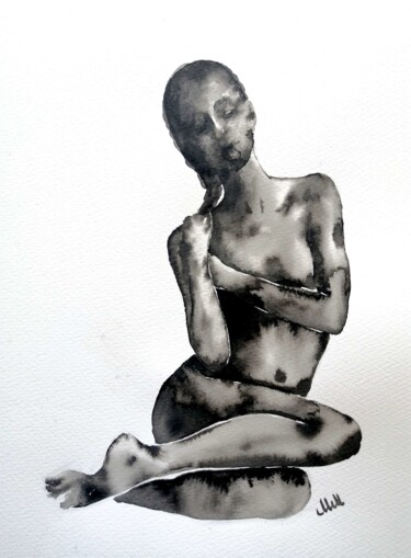 Malarstwo zatytułowany „Erotic nudity - bed…” autorstwa Mateja Marinko, Oryginalna praca, Akwarela