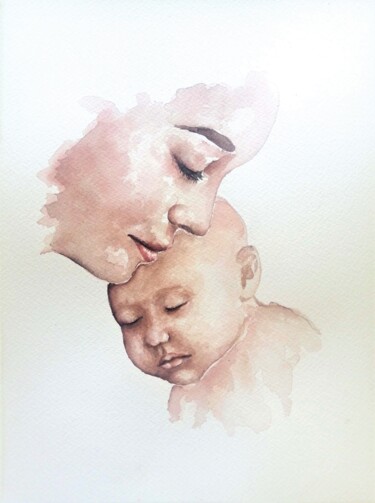 Malerei mit dem Titel "Mother love" von Mateja Marinko, Original-Kunstwerk, Aquarell