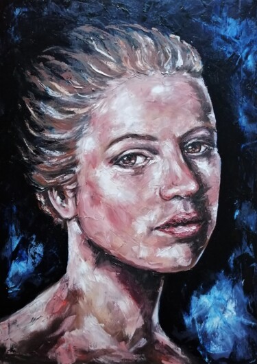 Painting titled "Woman in the dark" by Mateja Marinko, Original Artwork, Oil Mounted on Wood Stretcher frame