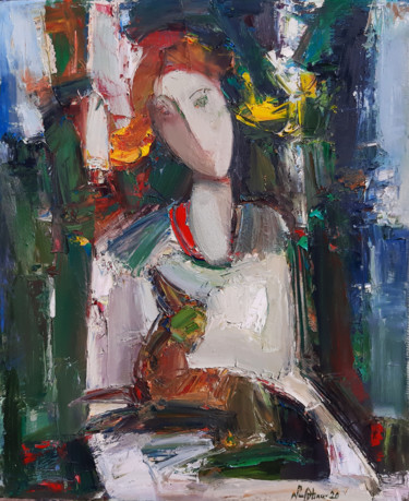 Painting titled "Figure with dog 50x…" by Mateos Sargsyan, Original Artwork, Oil Mounted on Wood Stretcher frame