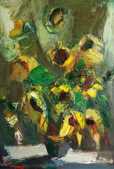 Painting titled "Sunflowers 46x65cm,…" by Mateos Sargsyan, Original Artwork, Oil Mounted on Wood Stretcher frame