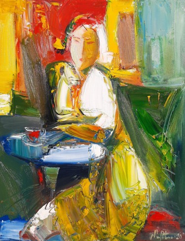 Painting titled "In the cafe 45x55cm…" by Mateos Sargsyan, Original Artwork, Oil Mounted on Wood Stretcher frame