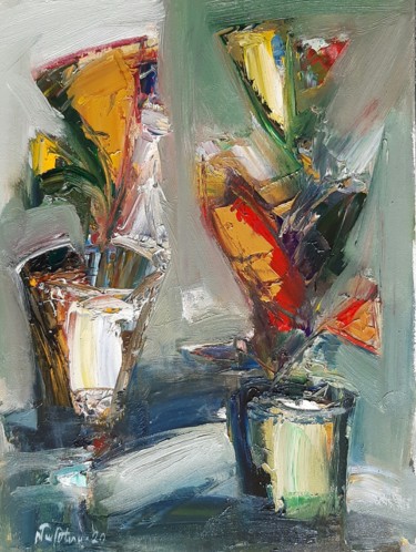 Painting titled "Still life flowers,…" by Mateos Sargsyan, Original Artwork, Oil Mounted on Wood Stretcher frame