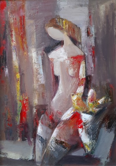 Painting titled "Waiting 46x65cm, oi…" by Mateos Sargsyan, Original Artwork, Oil Mounted on Wood Stretcher frame
