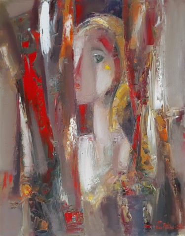 Painting titled "Portrait in red 40x…" by Mateos Sargsyan, Original Artwork, Oil Mounted on Wood Stretcher frame