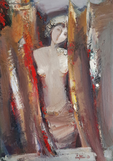 Painting titled "Near the curtain 46…" by Mateos Sargsyan, Original Artwork, Oil Mounted on Wood Stretcher frame