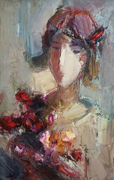 Painting titled "Girl with flowers 3…" by Mateos Sargsyan, Original Artwork, Oil Mounted on Wood Stretcher frame