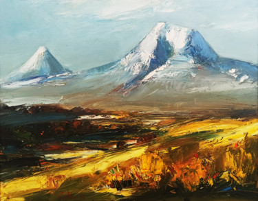 Painting titled "Armenian landscape…" by Mateos Sargsyan, Original Artwork, Oil Mounted on Wood Stretcher frame