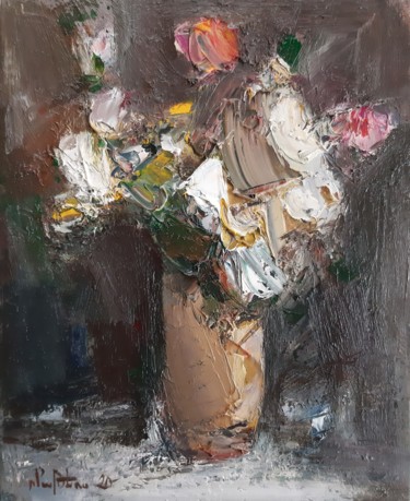 Painting titled "Still life-flowers-…" by Mateos Sargsyan, Original Artwork, Oil Mounted on Wood Stretcher frame