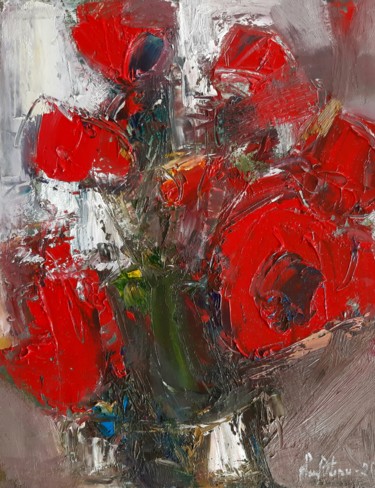 Painting titled "Still life-red popp…" by Mateos Sargsyan, Original Artwork, Oil Mounted on Wood Stretcher frame