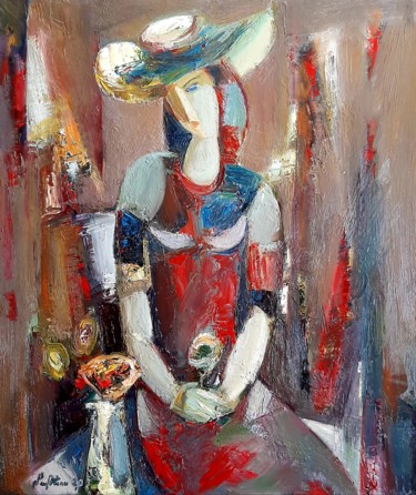 Painting titled "Lady in red (60x70c…" by Mateos Sargsyan, Original Artwork, Oil Mounted on Wood Stretcher frame