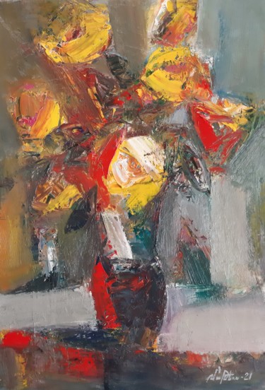 Schilderij getiteld "Abstract flowers (3…" door Mateos Sargsyan, Origineel Kunstwerk, Olie Gemonteerd op Karton