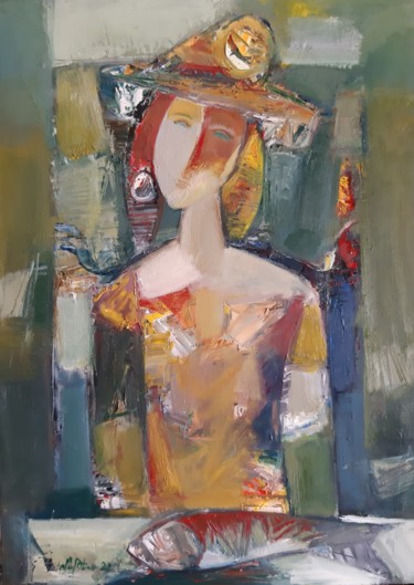 Painting titled "Lady and fish (42x5…" by Mateos Sargsyan, Original Artwork, Oil Mounted on Wood Stretcher frame