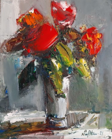 Painting titled "Red poppies (30x24c…" by Mateos Sargsyan, Original Artwork, Oil Mounted on Wood Stretcher frame