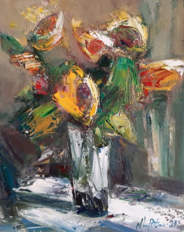 Painting titled "Abstract sunflowers…" by Mateos Sargsyan, Original Artwork, Oil Mounted on Wood Stretcher frame