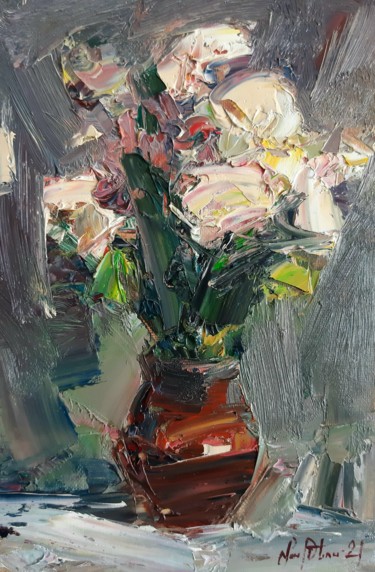 Painting titled "Abstract flowers in…" by Mateos Sargsyan, Original Artwork, Oil Mounted on Wood Stretcher frame