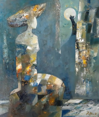 Painting titled "Full moon (60x70cm,…" by Mateos Sargsyan, Original Artwork, Oil Mounted on Wood Stretcher frame