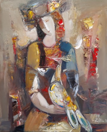 Painting titled "Girl with pheasant-…" by Mateos Sargsyan, Original Artwork, Oil Mounted on Wood Stretcher frame