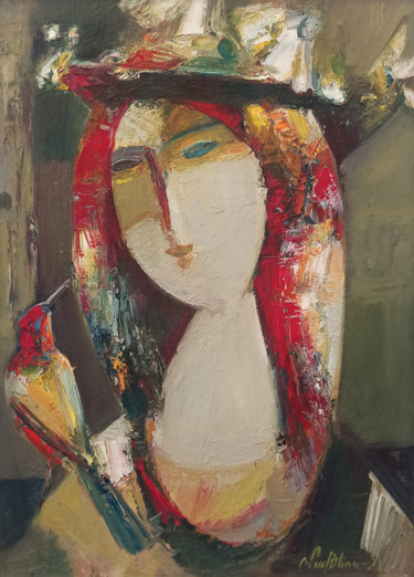 Painting titled "Girl with bird 40x3…" by Mateos Sargsyan, Original Artwork, Oil Mounted on Wood Stretcher frame