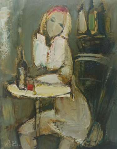 Painting titled "In the cafe  34x43c…" by Mateos Sargsyan, Original Artwork, Oil Mounted on Wood Stretcher frame