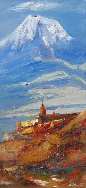 Painting titled "Armenian landscape-…" by Mateos Sargsyan, Original Artwork, Oil Mounted on Wood Stretcher frame