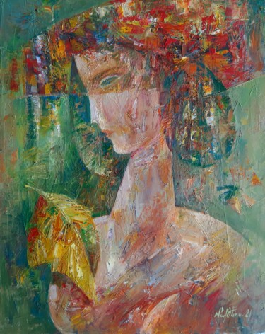 Painting titled "Woman with hat (40x…" by Mateos Sargsyan, Original Artwork, Oil Mounted on Wood Stretcher frame