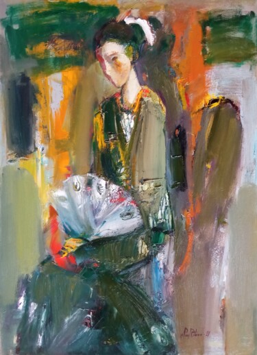 Painting titled "The girl is holding…" by Mateos Sargsyan, Original Artwork, Oil Mounted on Wood Stretcher frame